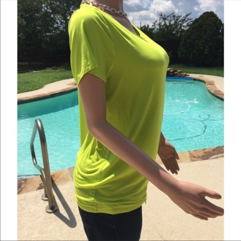 Michael Kors Chartreuse Tie Side Top Size Large Keyhole Back Short Sleeve Blouse - Picture 7 of 9